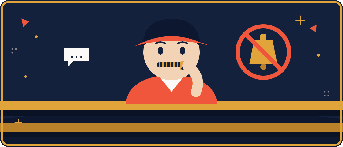 A parent in the bleachers zipping their lips, next to a crossed out cowbell